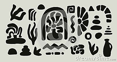 Set of abstract hand-drawn decorative elements for design. Doodle stones, plants, vases, geometric shapes. Vector Illustration